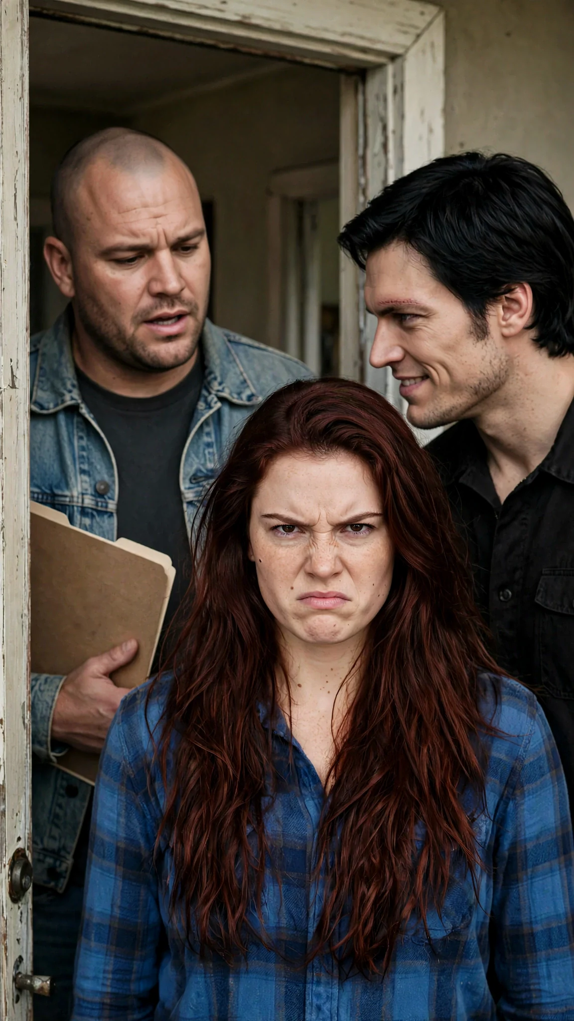 Mack speaks awkwardly from the doorway while Kael stands close behind her.