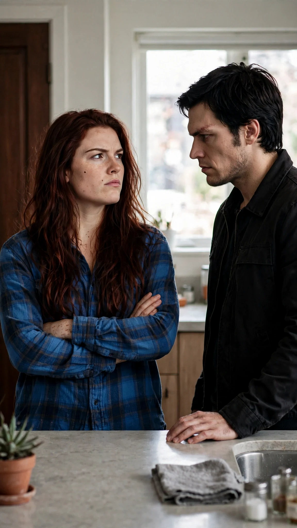 The cabin door clicks shut; Kael turns back to her in the empty kitchen.