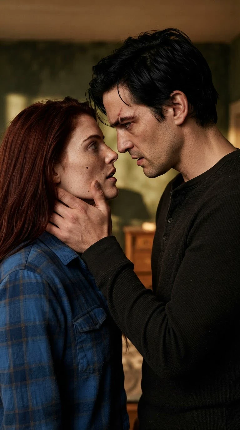 He leans over her, one hand at the hem of her shirt, watching her face as her breath catches.