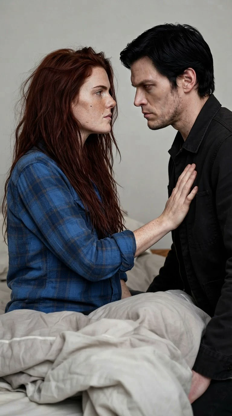 Her wrists come free; she sits up close to his face, jaw set, and speaks slowly.