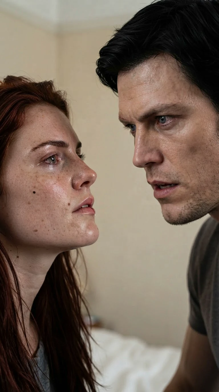 Close on both their faces, her jaw set and his expression breaking.