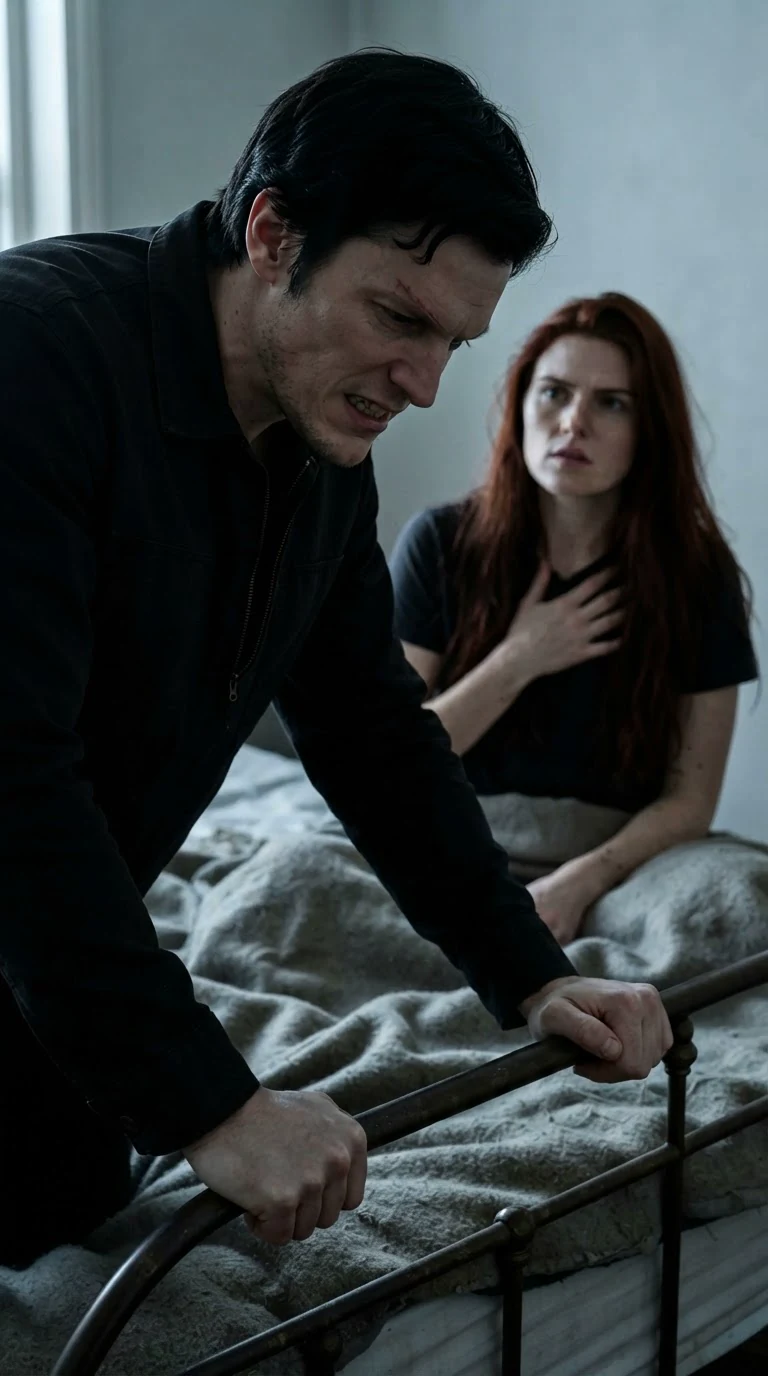 Kael braced over the bed with his head down, chest heaving, in visible pain.