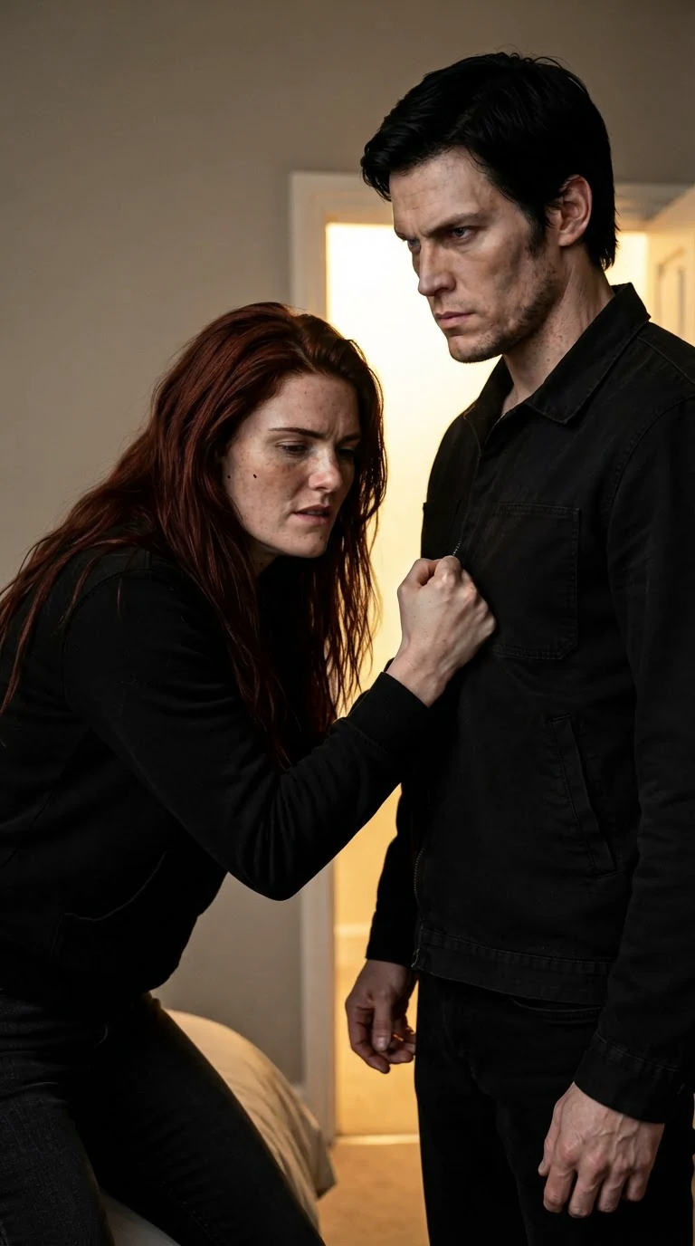 She grabs his jacket to stay upright, the two of them frozen close in the small room.