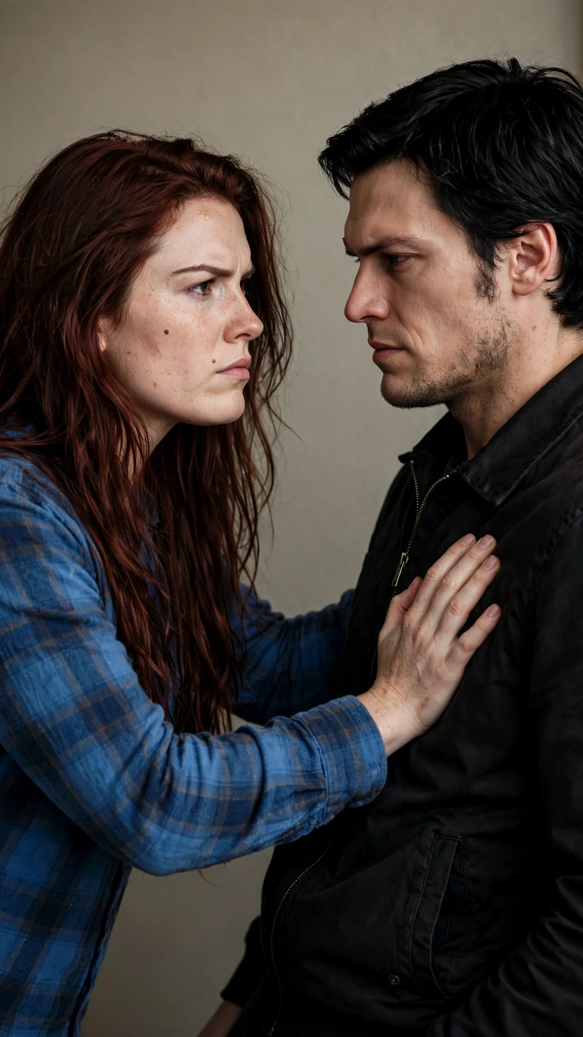 Her hand flat on his chest pushing him back, her face hard and calm.
