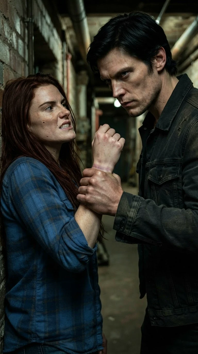 His hand clamped hard around her wrist, purple marks on her skin, her face tight with pain.