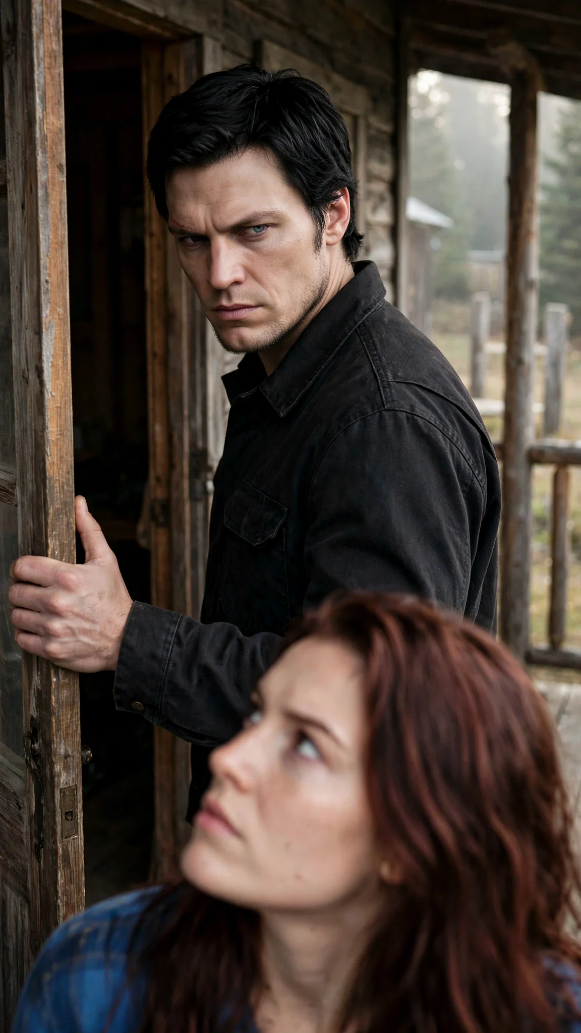 Kael at the open cabin door, looking back over his shoulder at her with cold certainty.