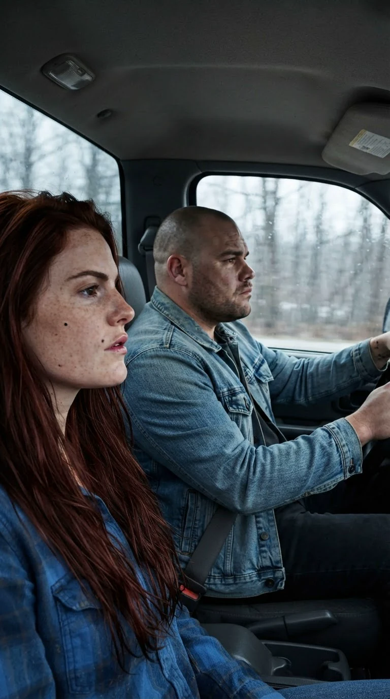 Mack drives; Rhea sits in the passenger seat staring at the road with a split lip.