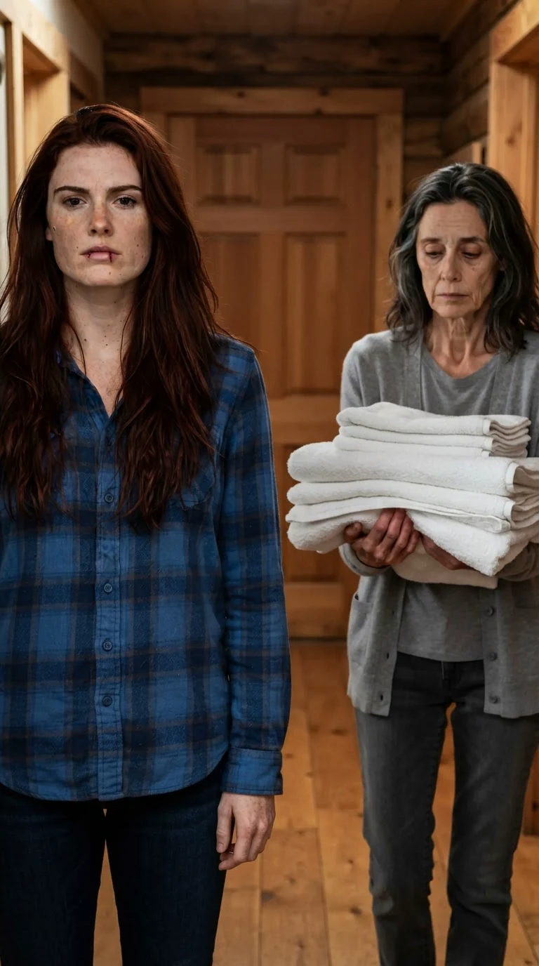 Rhea stands in the pack house hall as her mother comes toward her carrying towels.