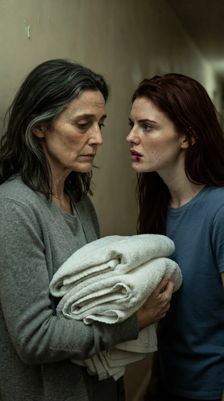 Close two-shot of mother and daughter, the towels held between them, the mother's eyes lowered.