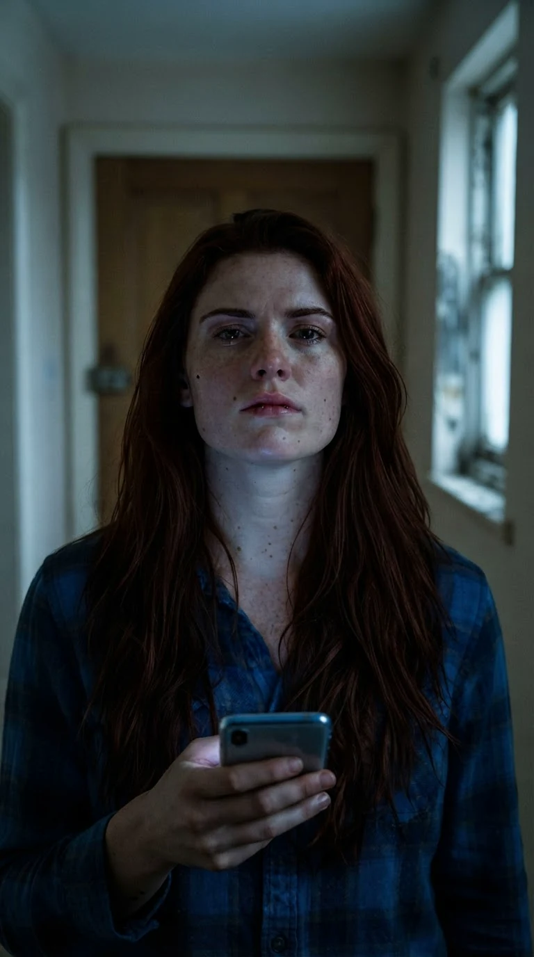 Rhea stands alone in the dim hall holding her phone, jaw set and eyes wet.