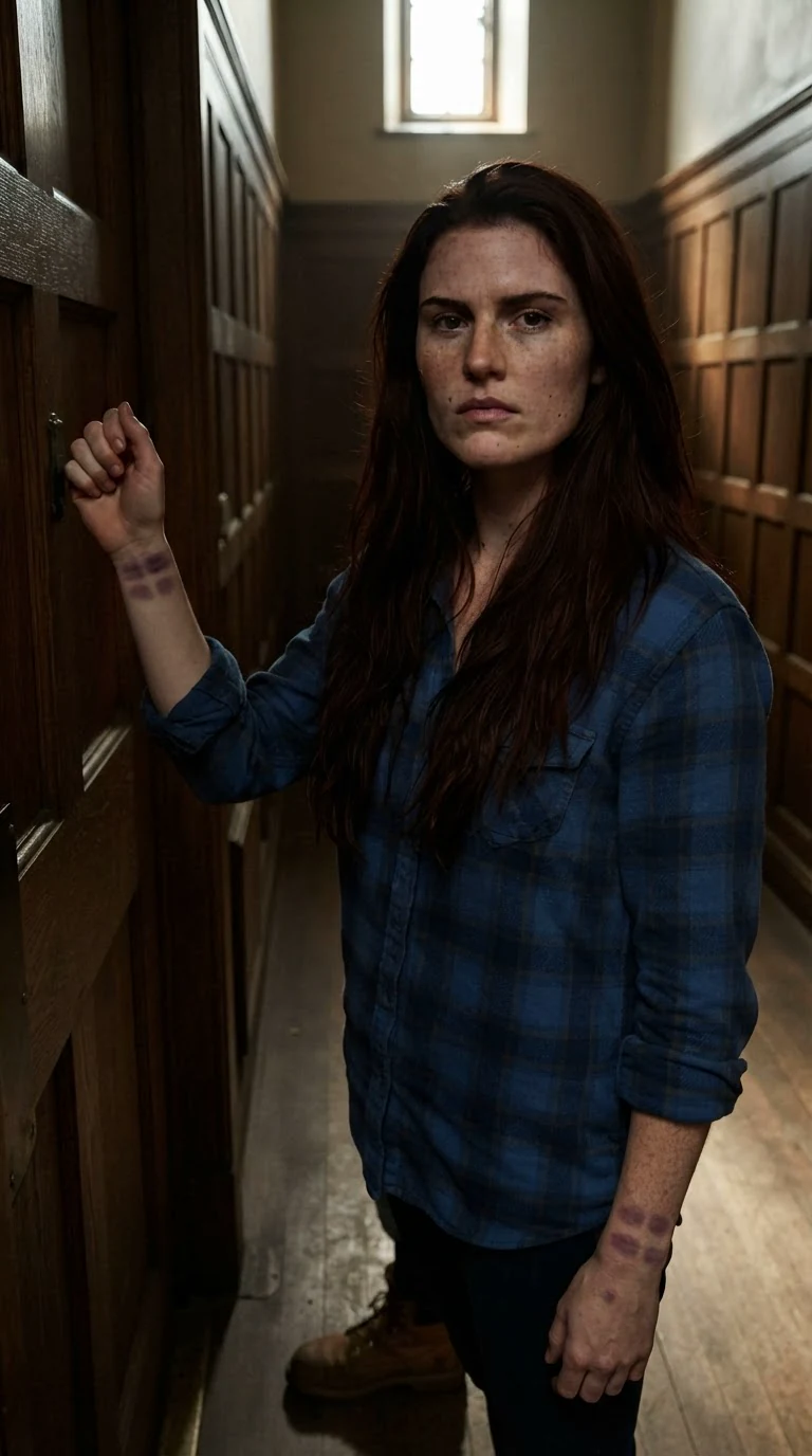 Rhea stands in a dim pack hall outside her father's study door, jaw tight, wrist bruised.