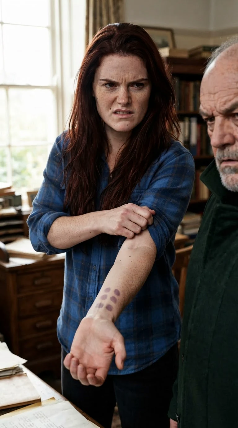 Rhea pulls her sleeve up to show her bruised wrist.