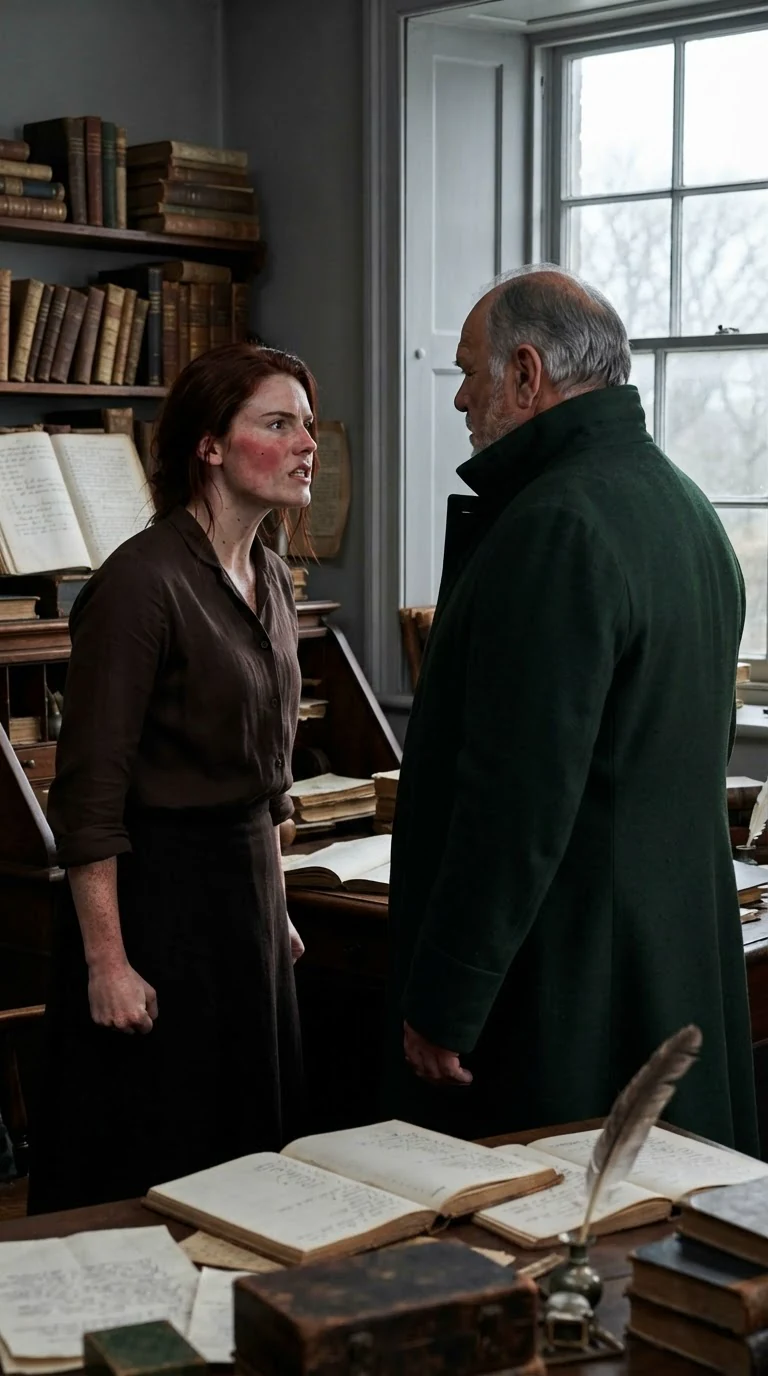 Rhea, back in the study, red-faced, repeating Kael's threat to her father.