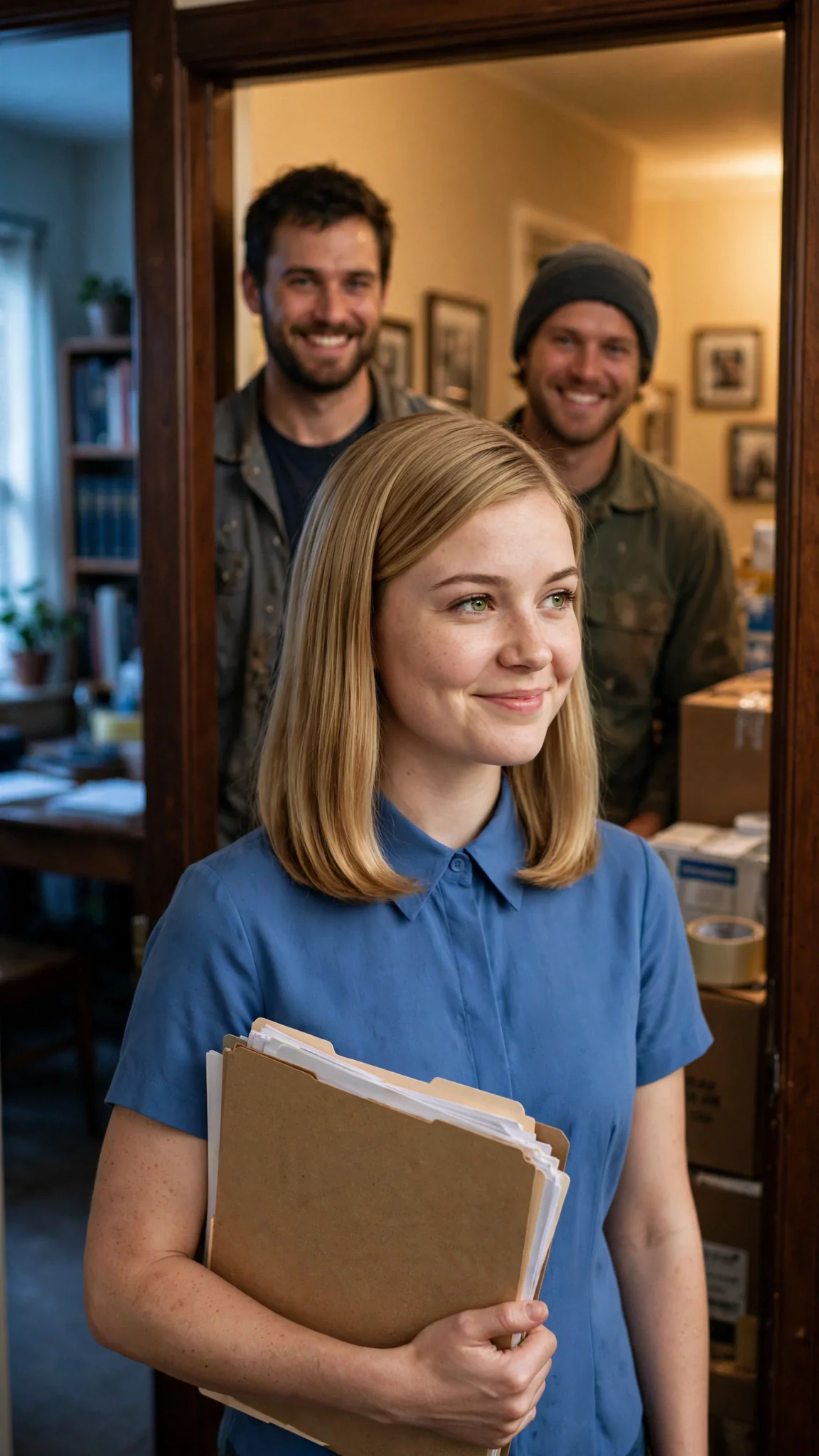 Della appears in the study doorway with a folder, smiling.