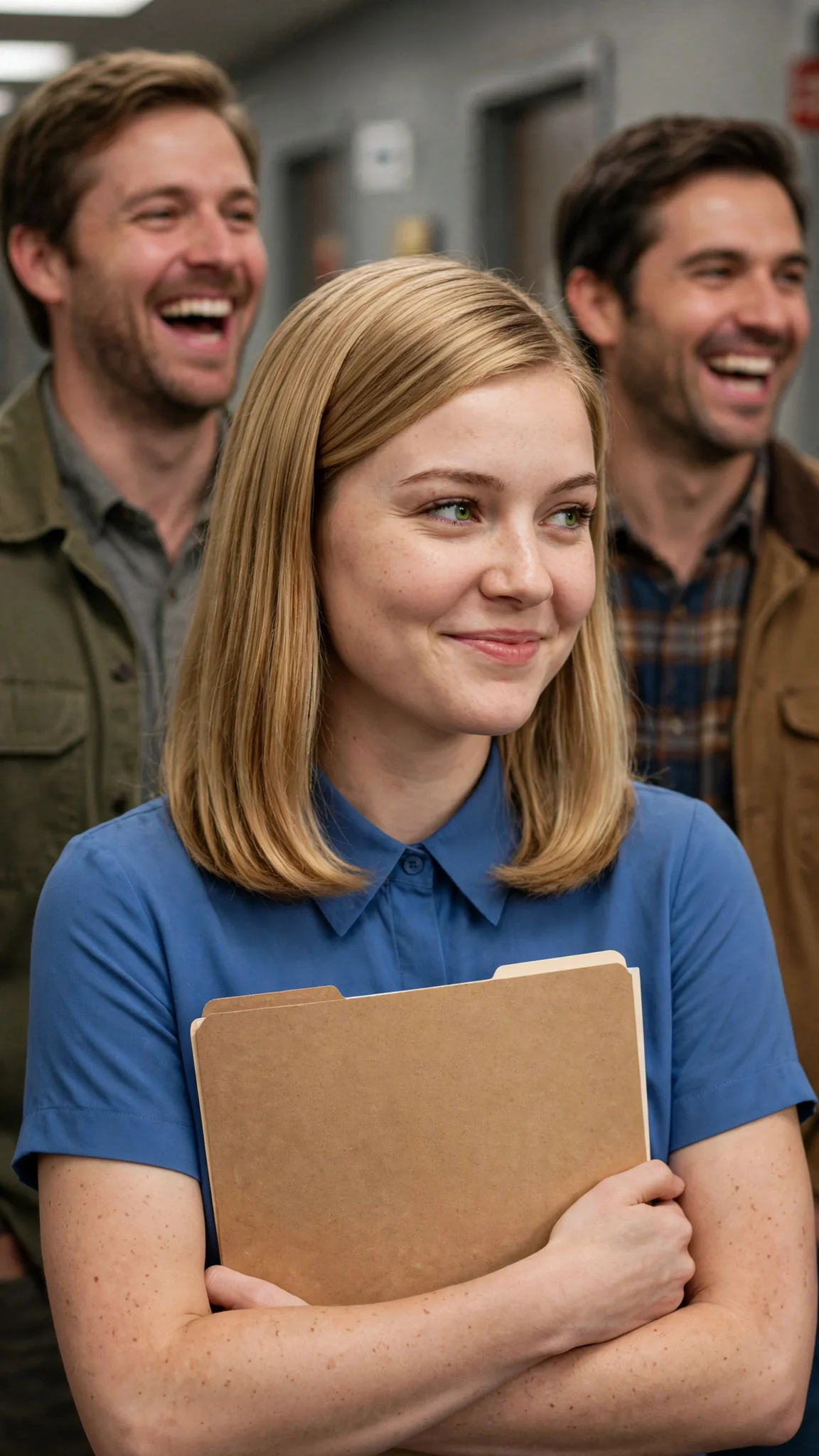Della delivers an insult with a sweet smile; the men behind her laugh.