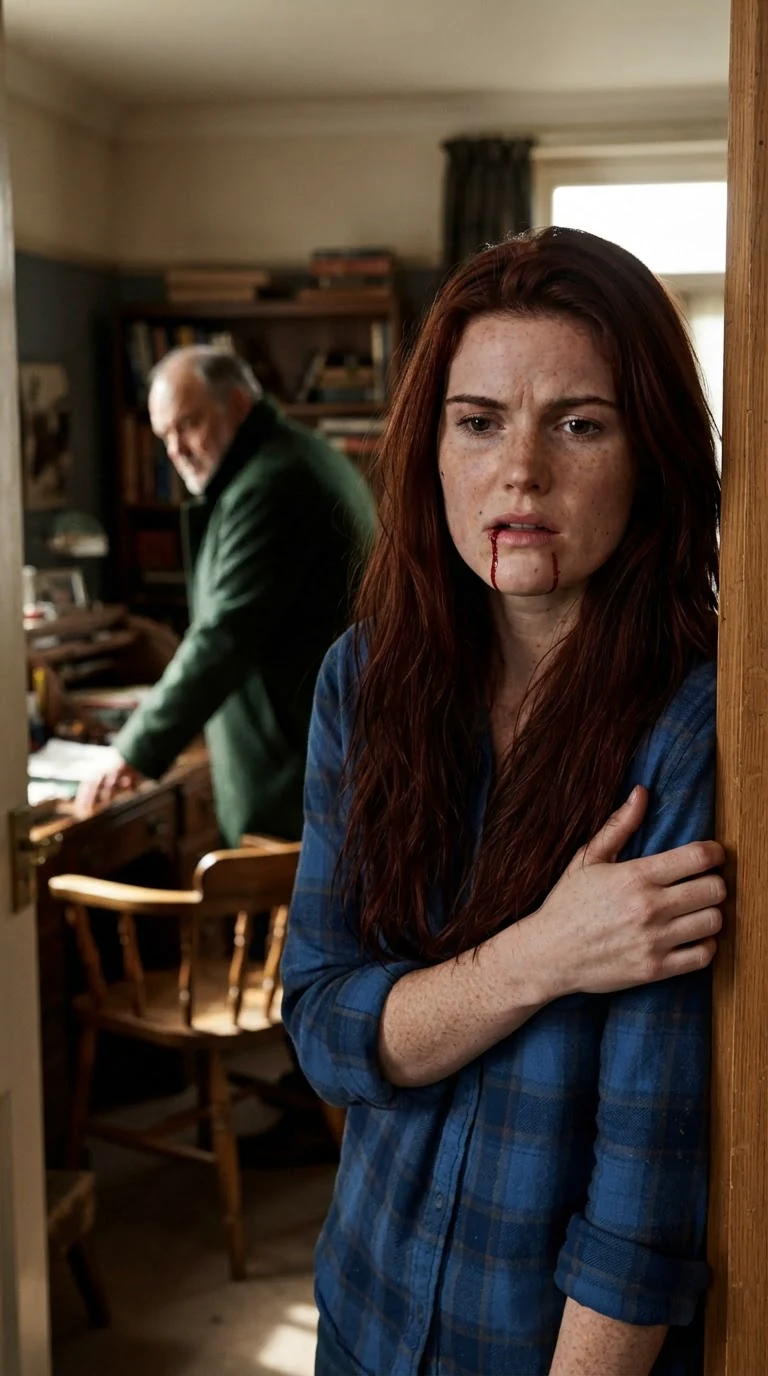 Rhea hits the door frame, blood on her chin, her father turning away.