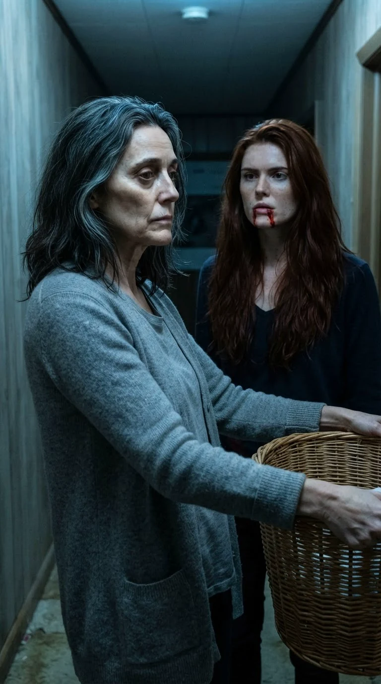 Maren in the hall with a laundry basket, turning away from her bleeding daughter.