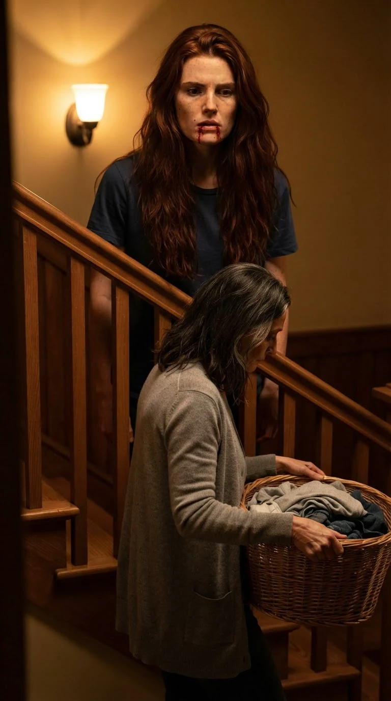 Maren walks down the stairs without looking back at Rhea.