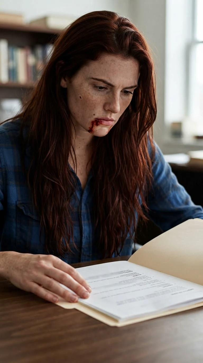 Rhea looks down at the open folder on the desk, a name typed where a number should be.