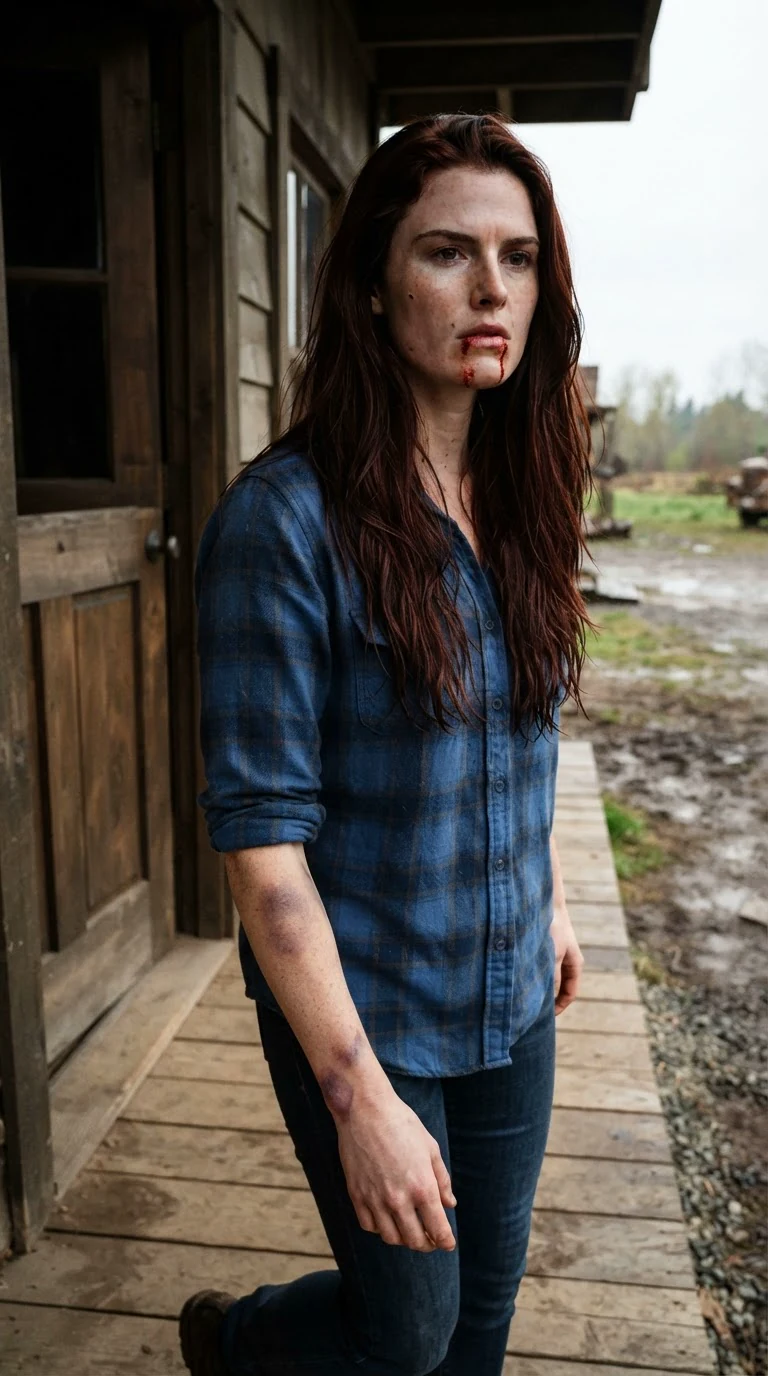 Rhea walks out of the pack house into gray daylight, blood on her chin, bruises on her arm.