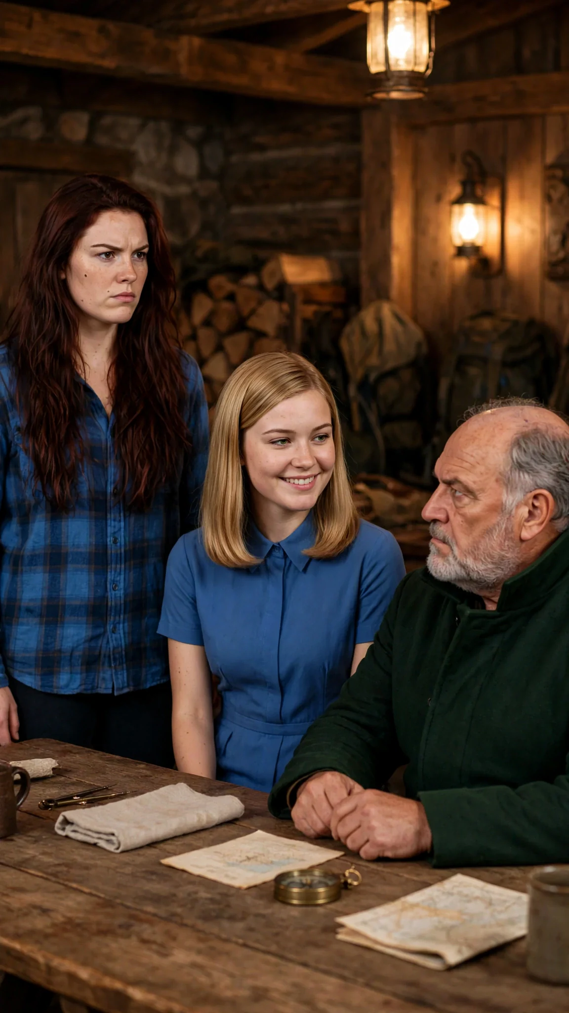 Rhea stands at a long table in a pack meeting hall while Della smiles beside her.