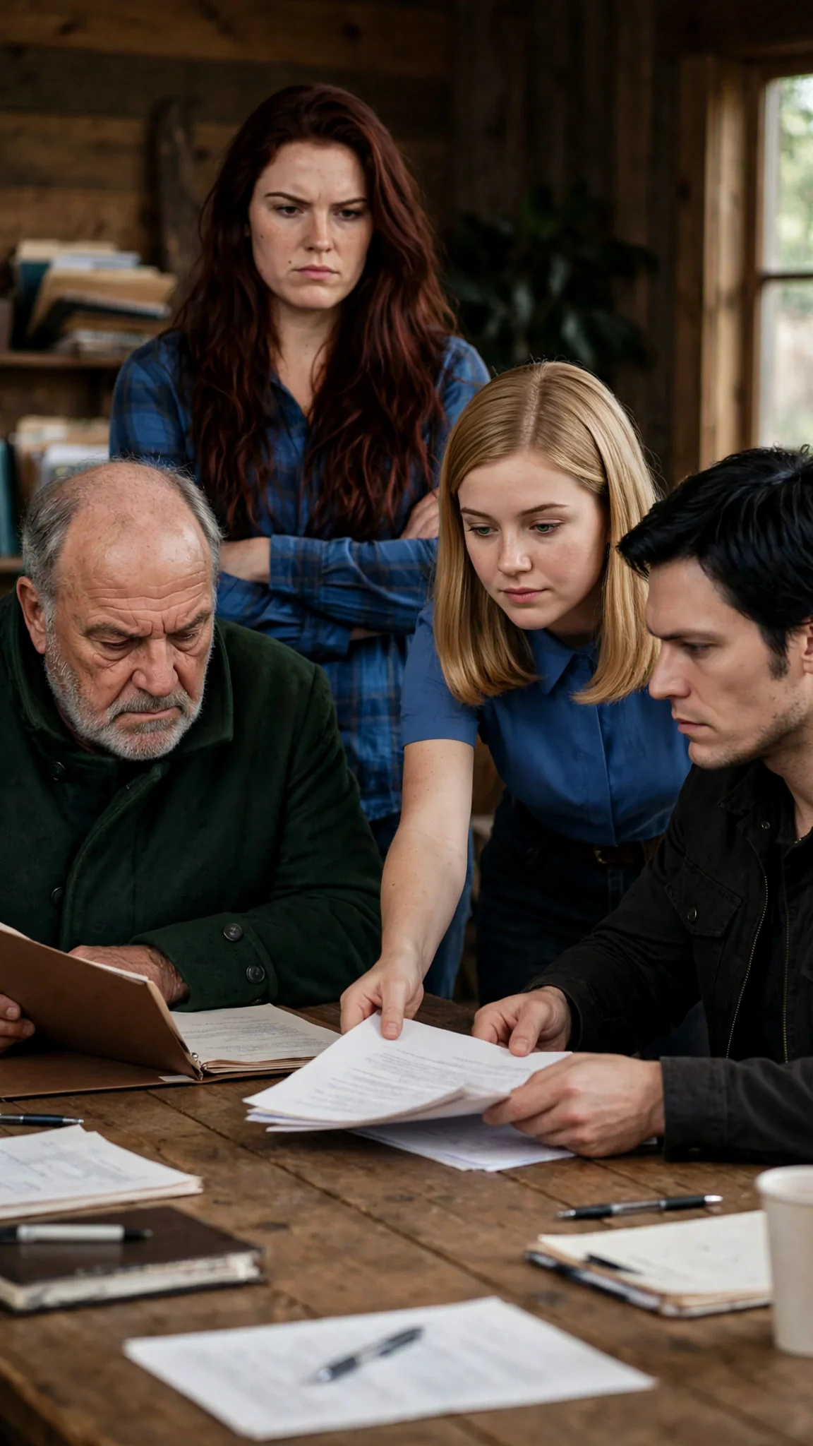 Alden speaks over a folder while Della slides water papers across the table.