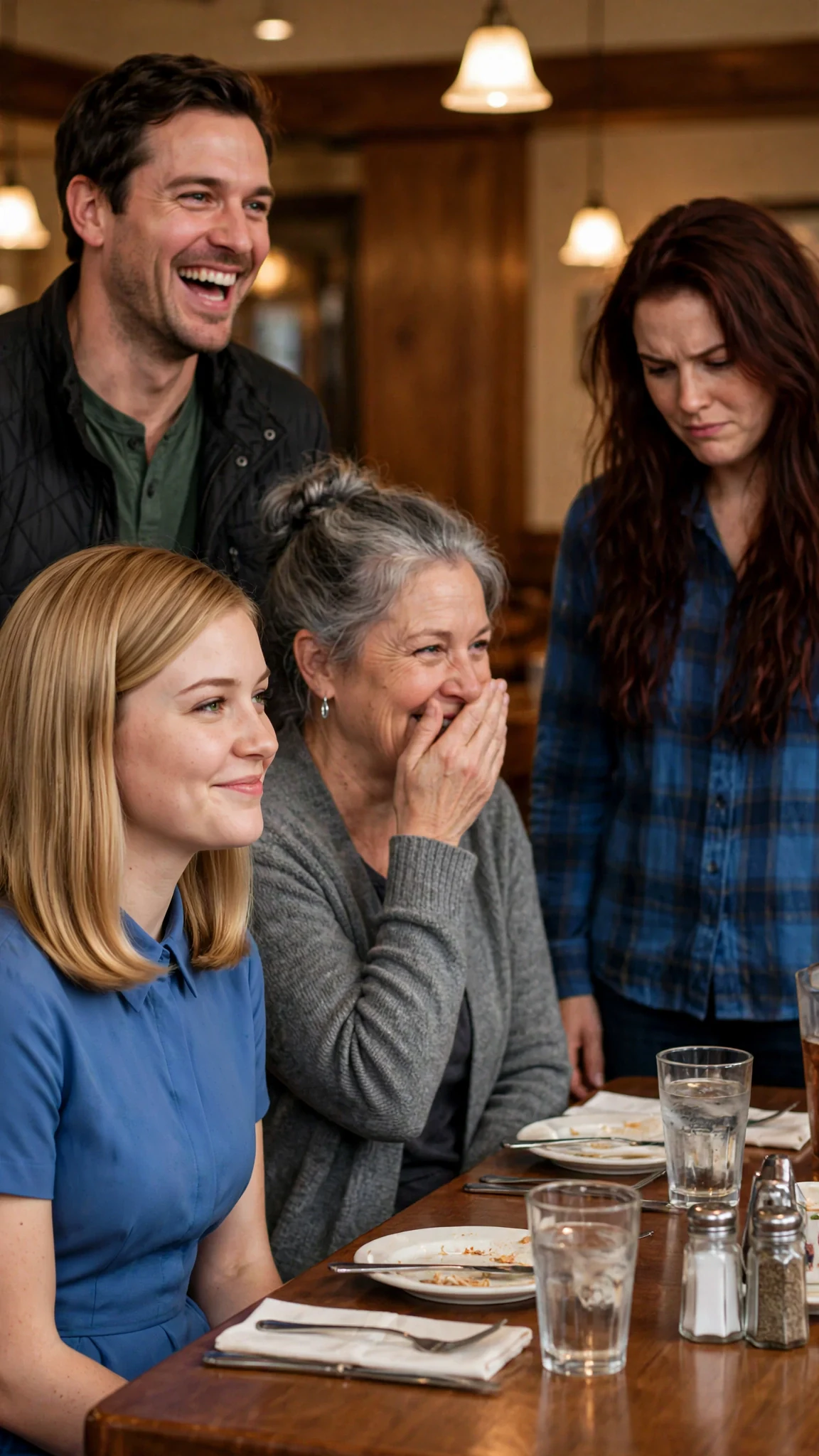 People at the meeting laugh and whisper while Della smirks at Rhea.