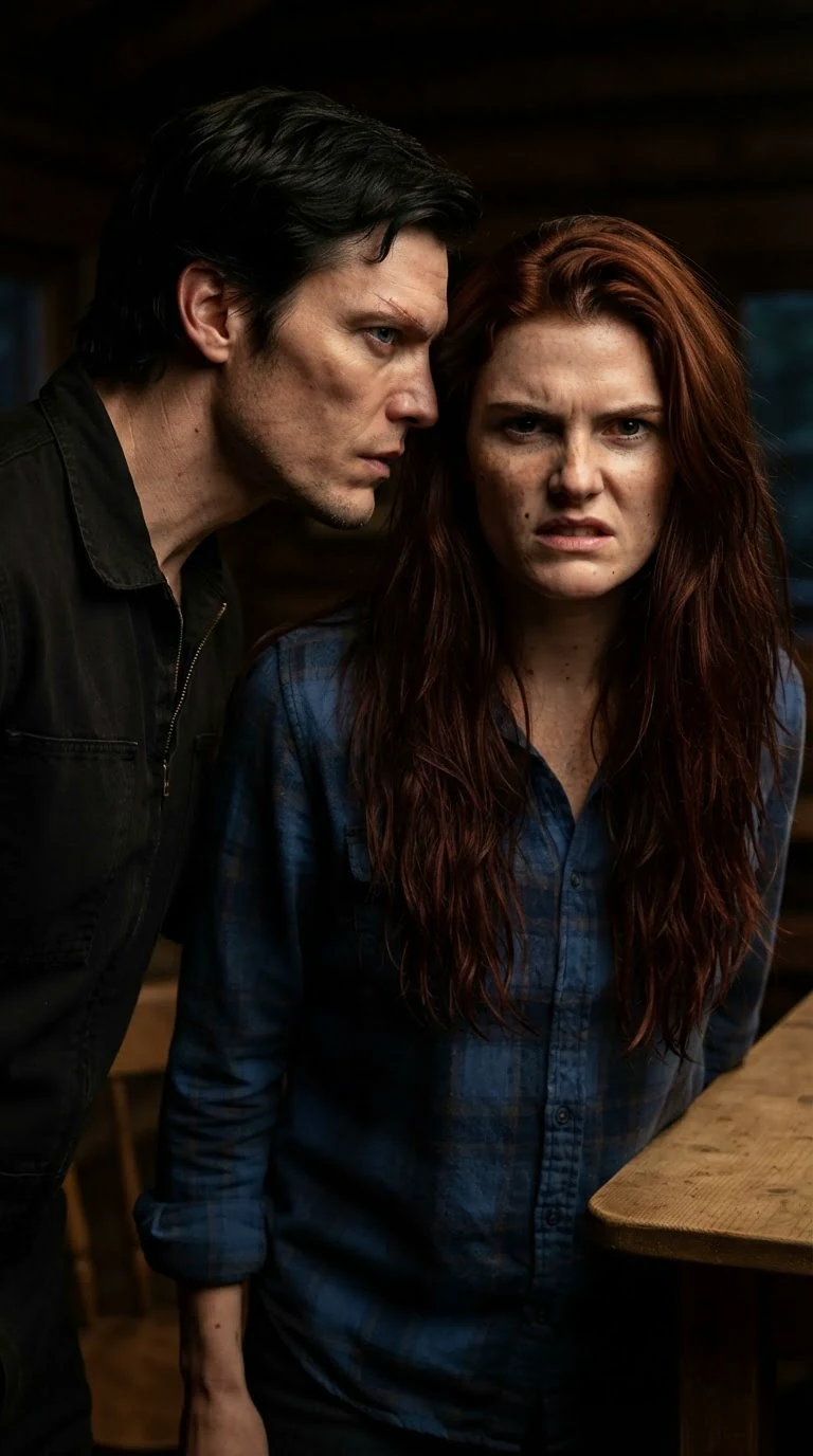Kael leans close to Rhea and speaks low, his face hard.