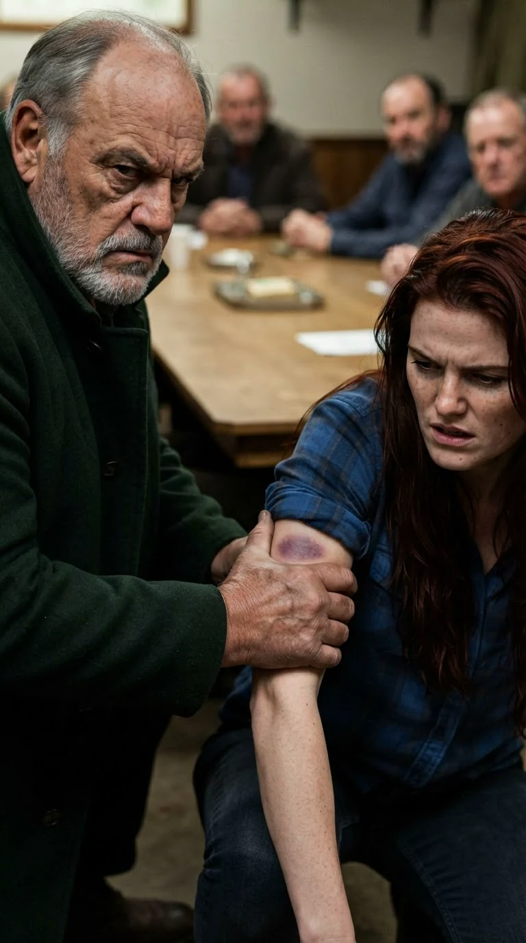 Alden grips Rhea's bruised arm hard while she bends in pain.