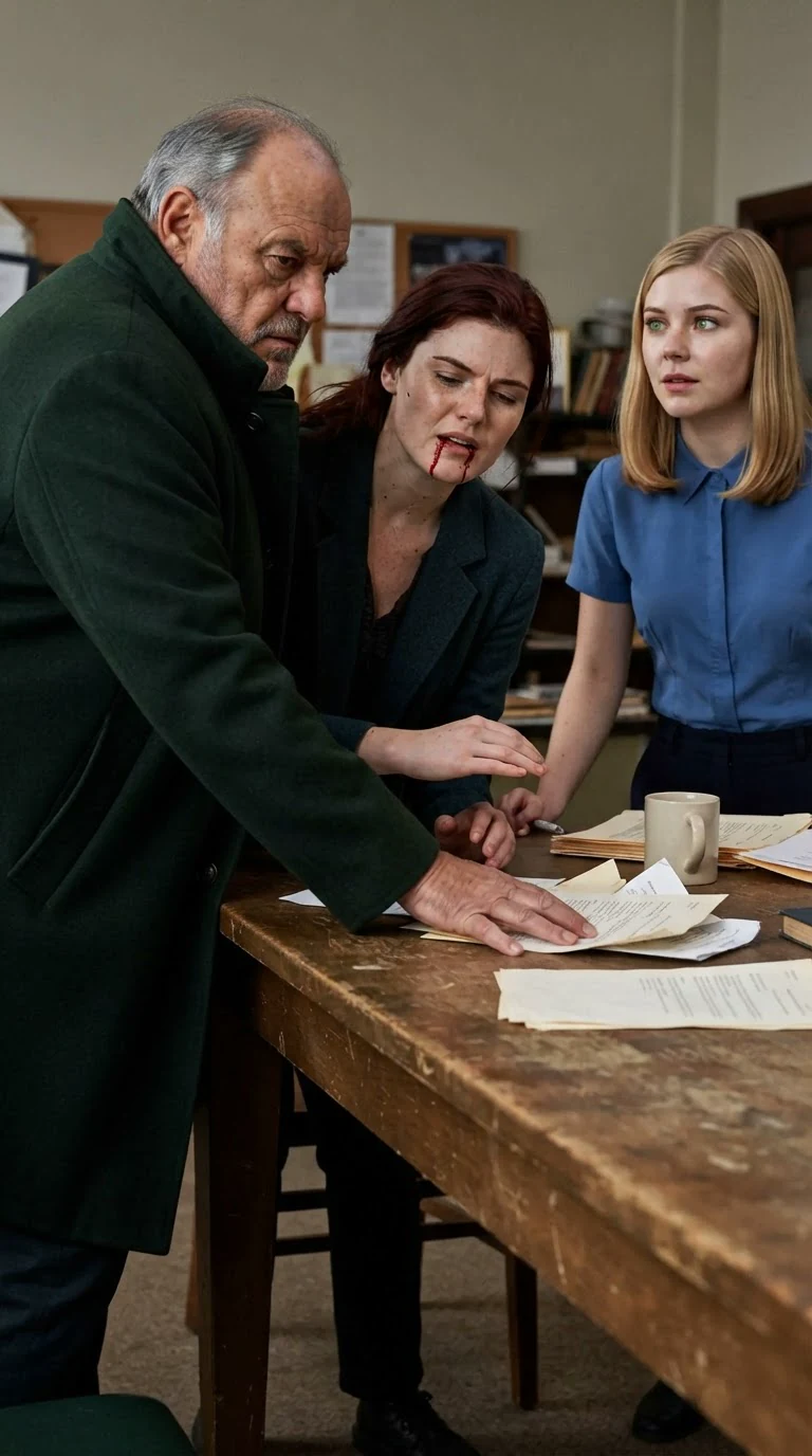 Rhea is shoved into the table edge, blood on her chin.