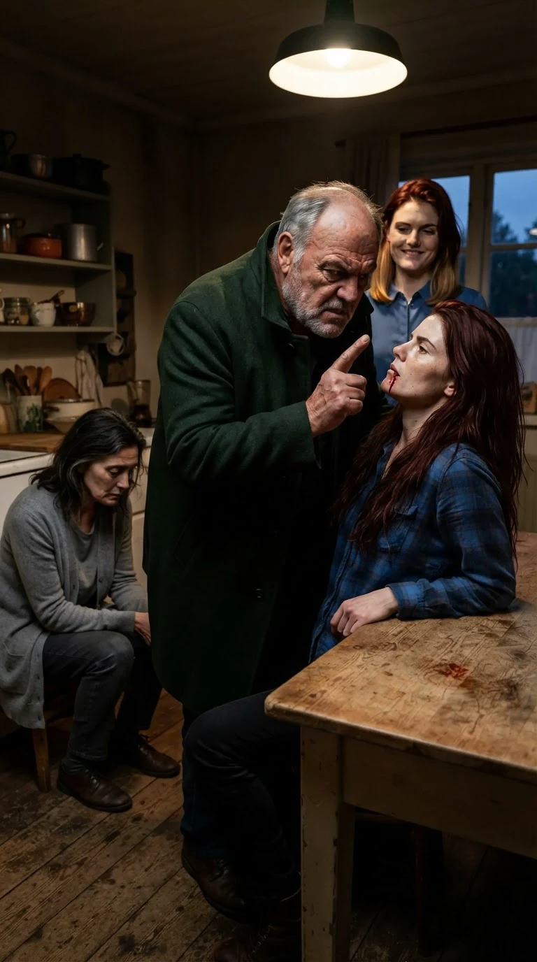 Alden leans over Rhea with a raised finger, Della smiling behind him.