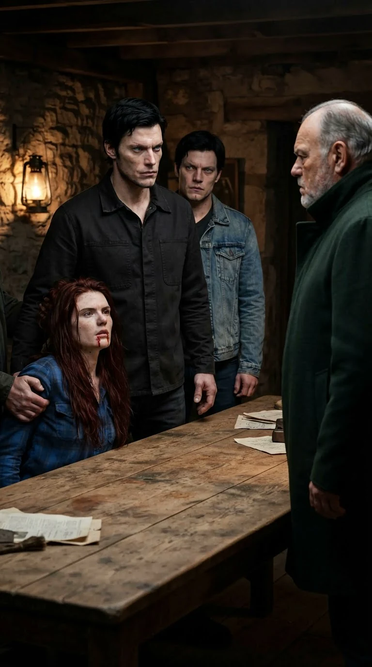 Kael stands still and cold as Rhea bleeds, Mack uneasy behind him.