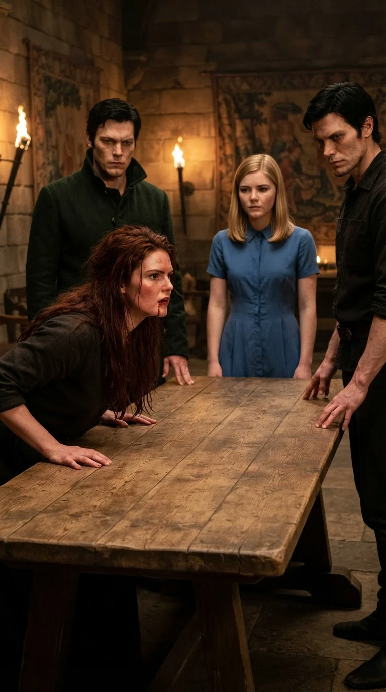 Rhea pushes herself up from the table alone, blood on her face, both packs watching.