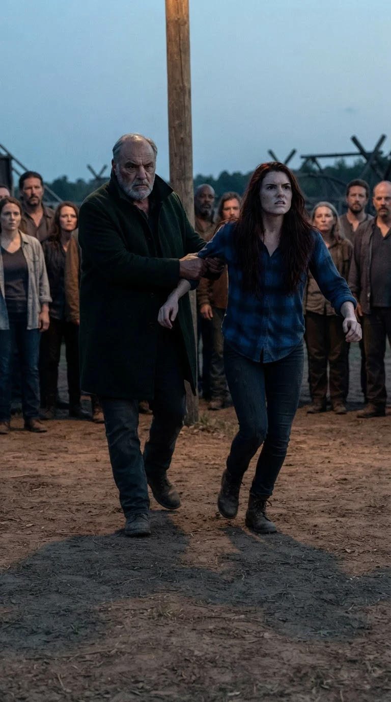 A big bearded man in a dark green coat drags a furious young woman across a pack yard at dusk.