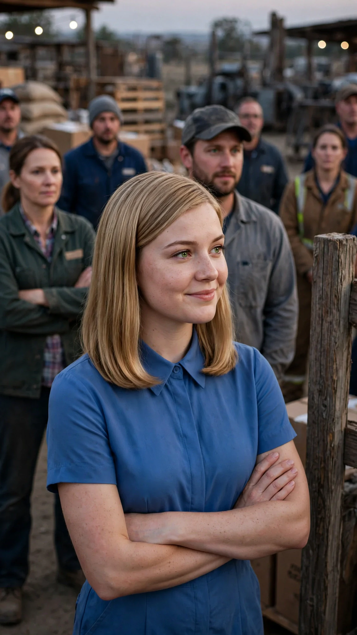 A smug blonde woman in a blue dress stands at the front of a watching crowd.
