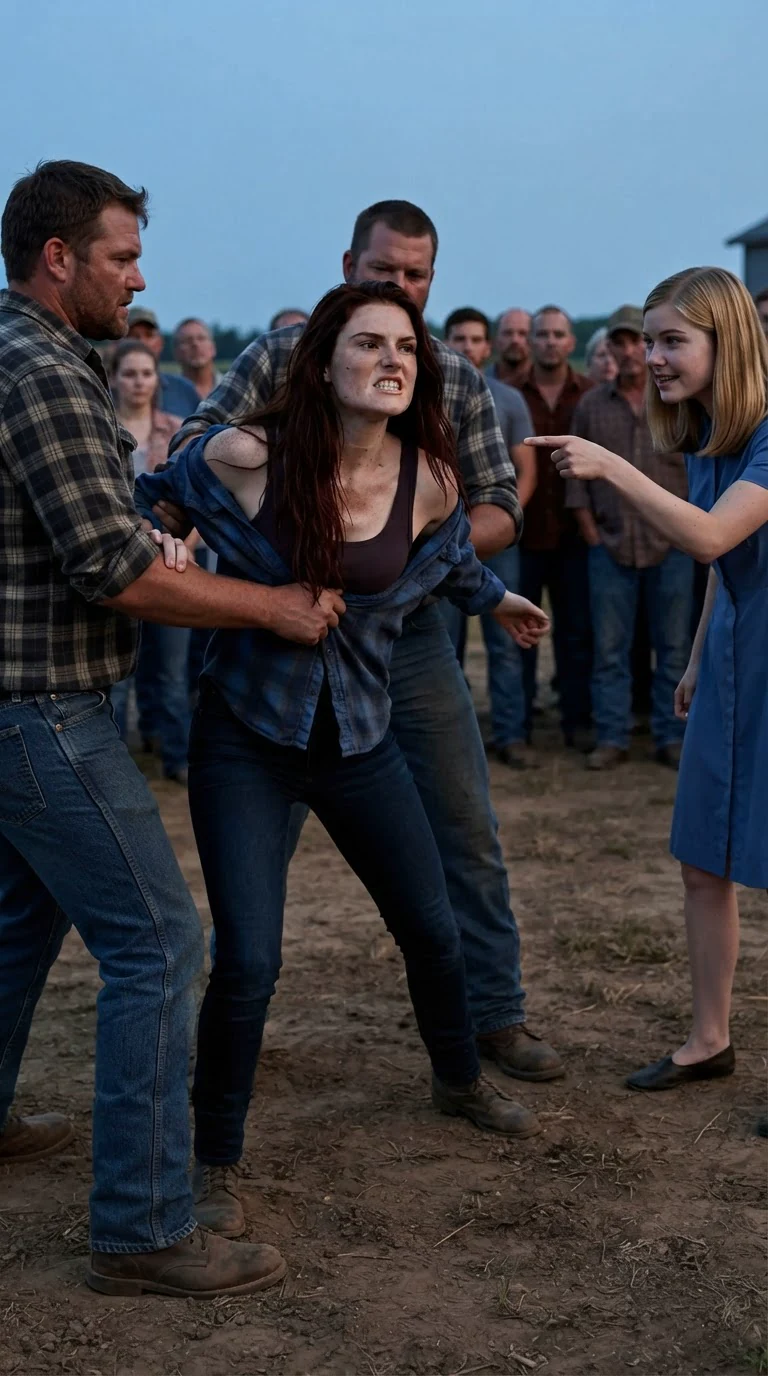 A blonde woman points at the heroine as two men pull off her flannel shirt.