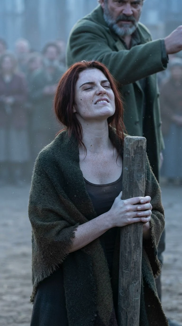 The whip comes down across the heroine's shoulders.