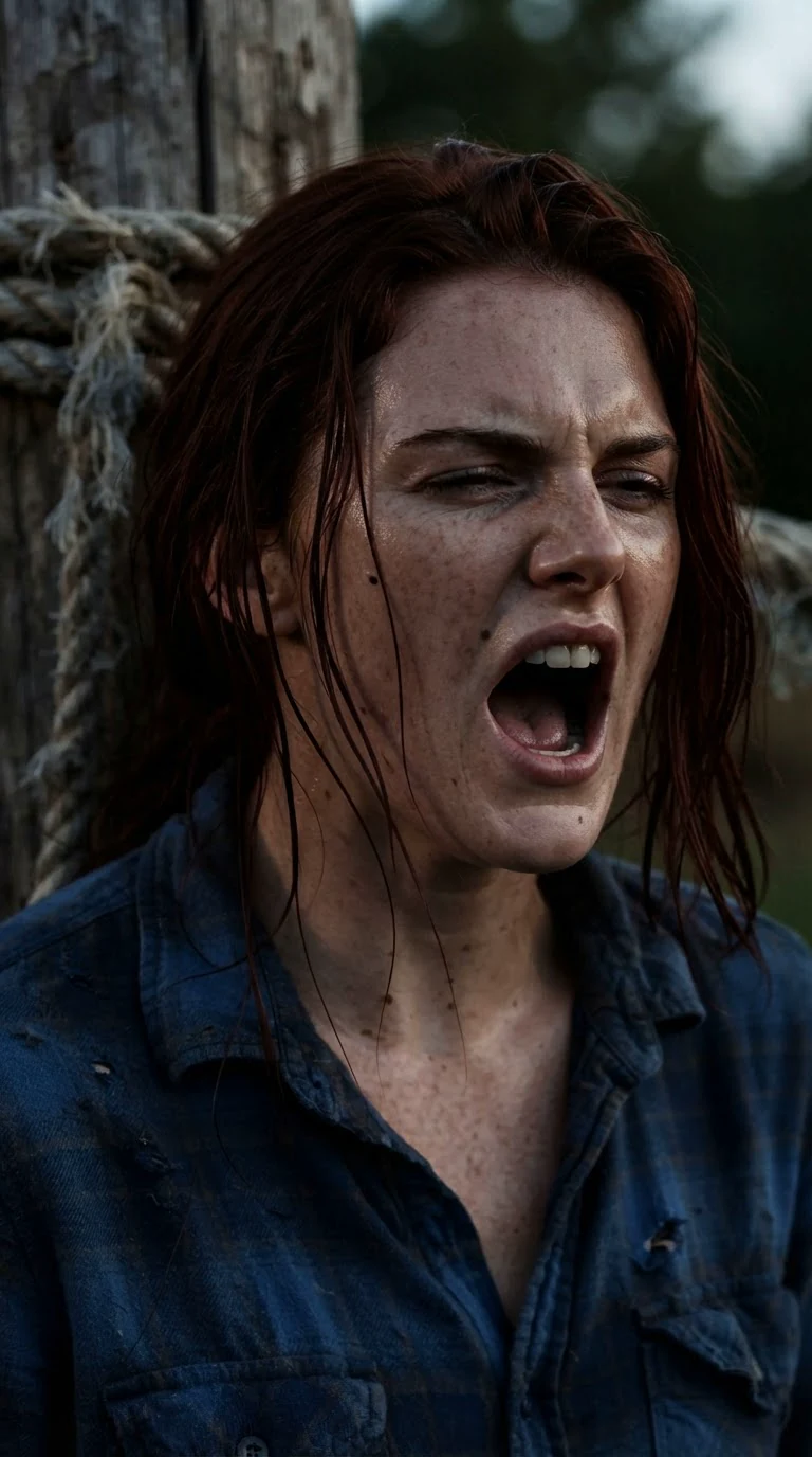 Close on the heroine's face, eyes squeezed shut, mouth open in pain.