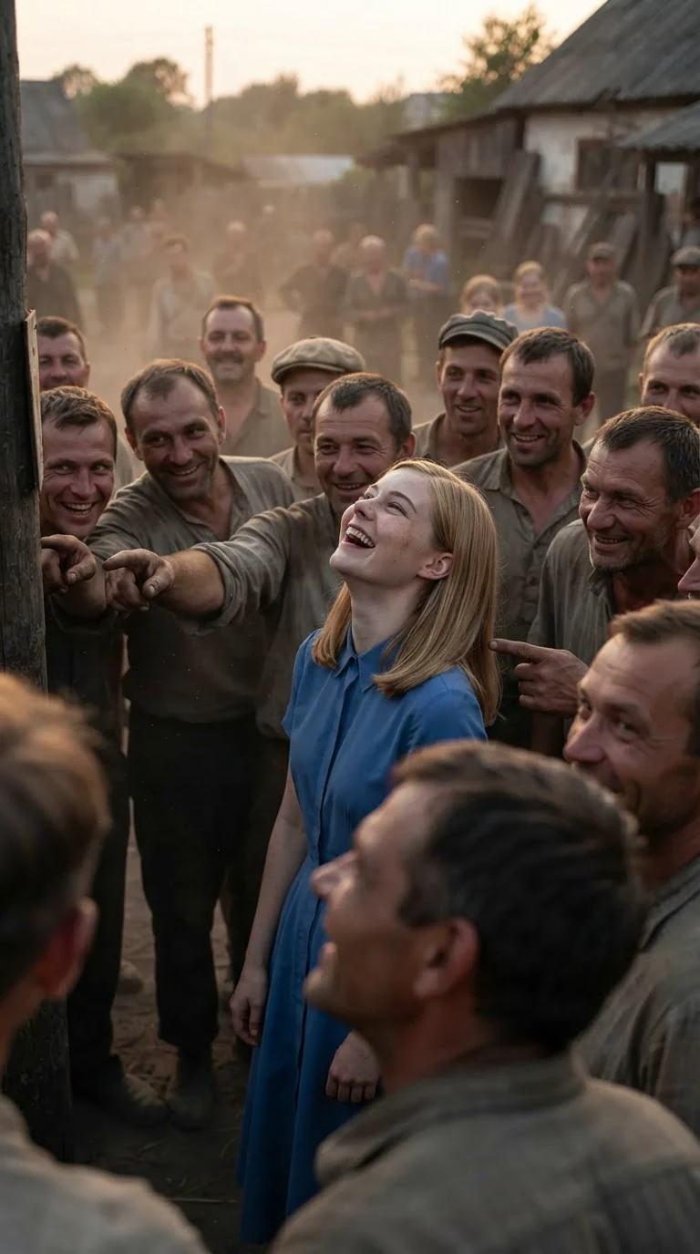 The blonde woman laughs with the crowd around her.