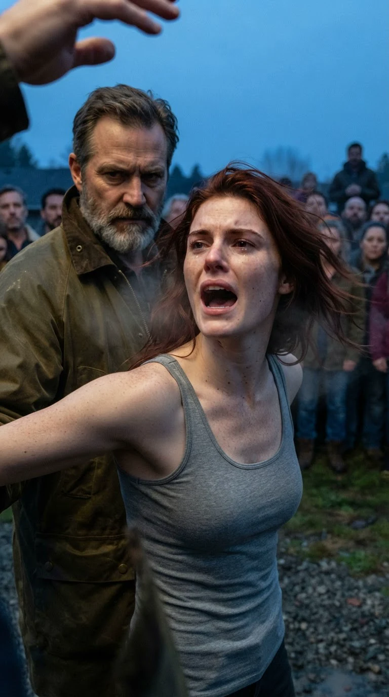 The heroine screams against the post as a lash hits her ribs.