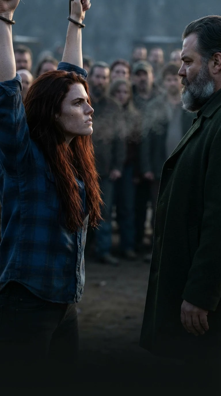 The heroine hangs by her wrists, blood in her mouth, glaring at her father.