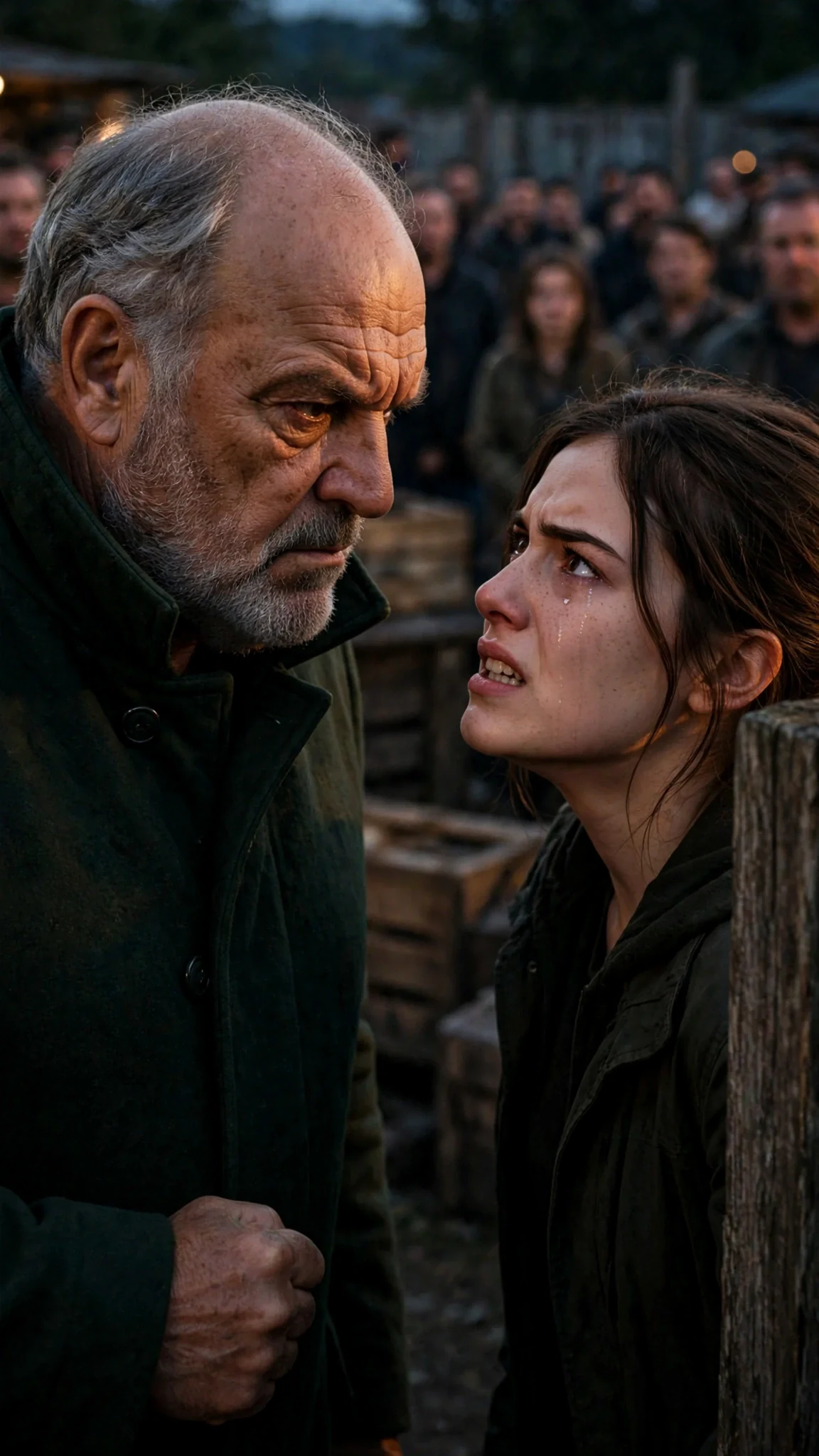 The father raises the whip and speaks to the heroine's face.