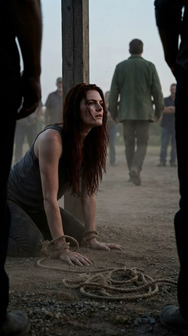 The heroine collapses onto her knees in the dirt as the rope goes slack.