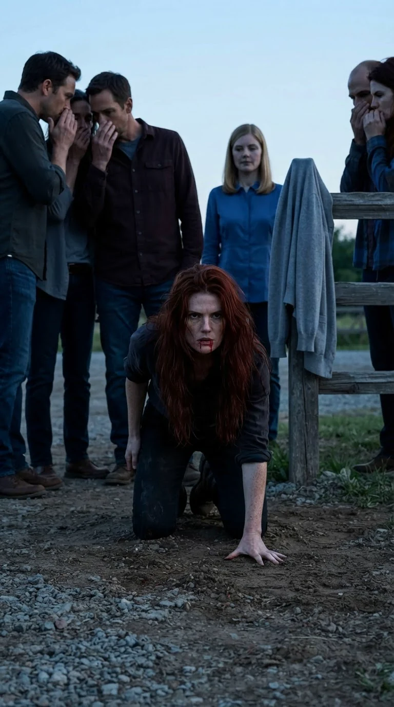 The heroine lifts her bloodied face and looks at the crowd, no one stepping forward.