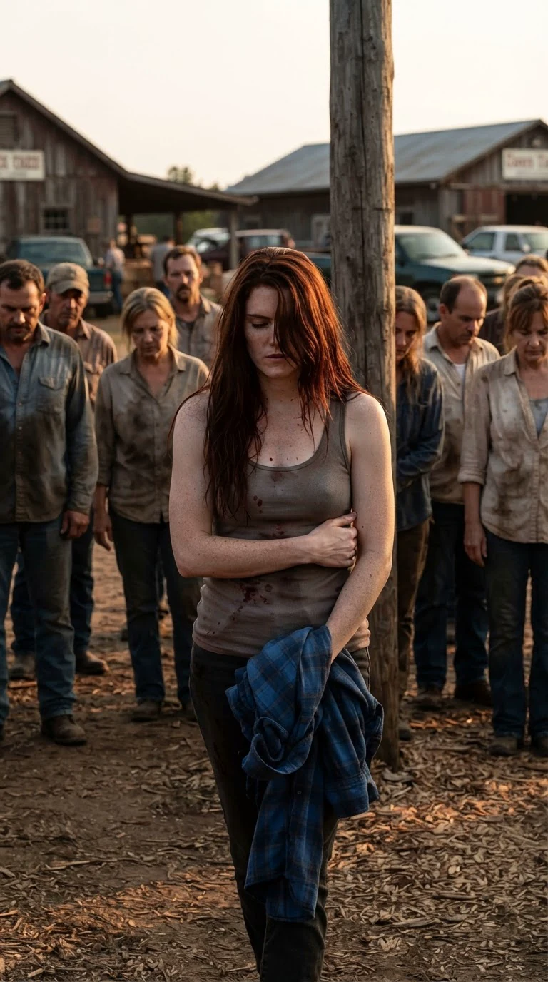 The heroine walks away alone across the yard, holding her side, crowd parting.