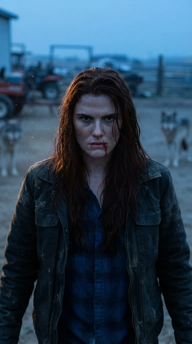 Close on the heroine's jaw and eyes as she walks, cold dusk light behind her.