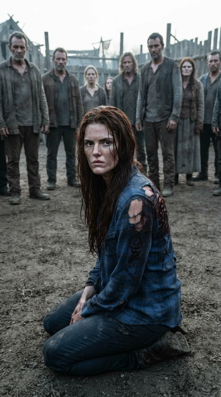 Rhea kneels in a dirt yard at dawn, her back torn and bloody, the whole pack ringed around her.