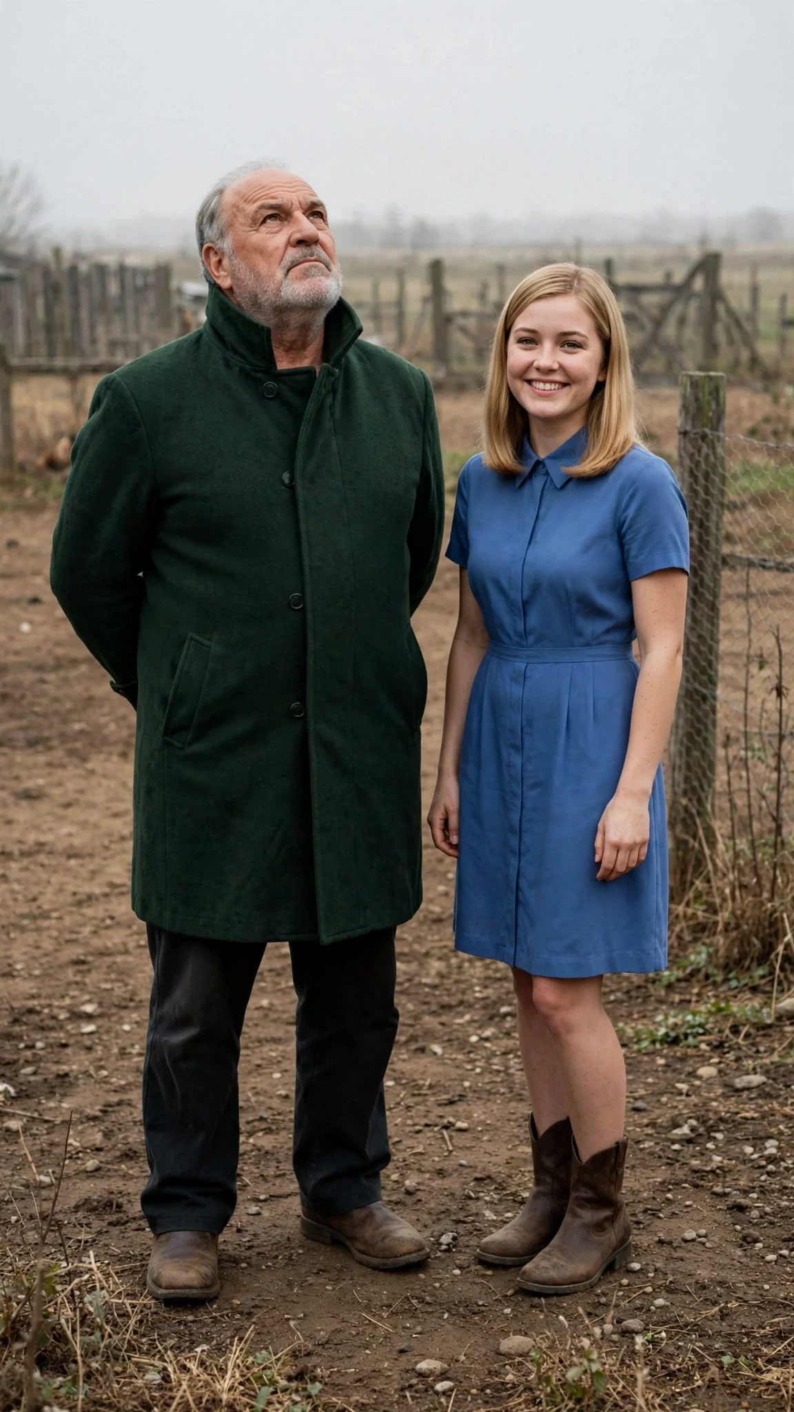 Alden in his dark green Alpha coat stands in the yard with Della smiling beside him.