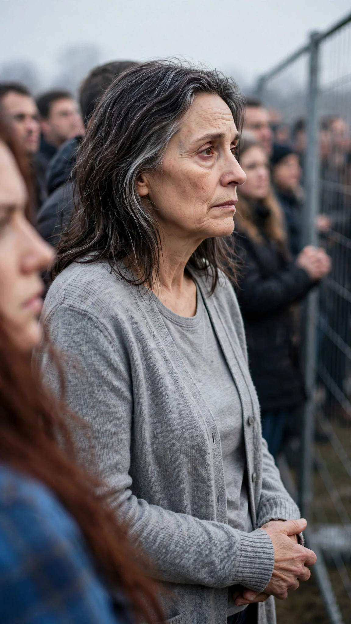 Maren stands with folded hands in the front row, looking away from her daughter.
