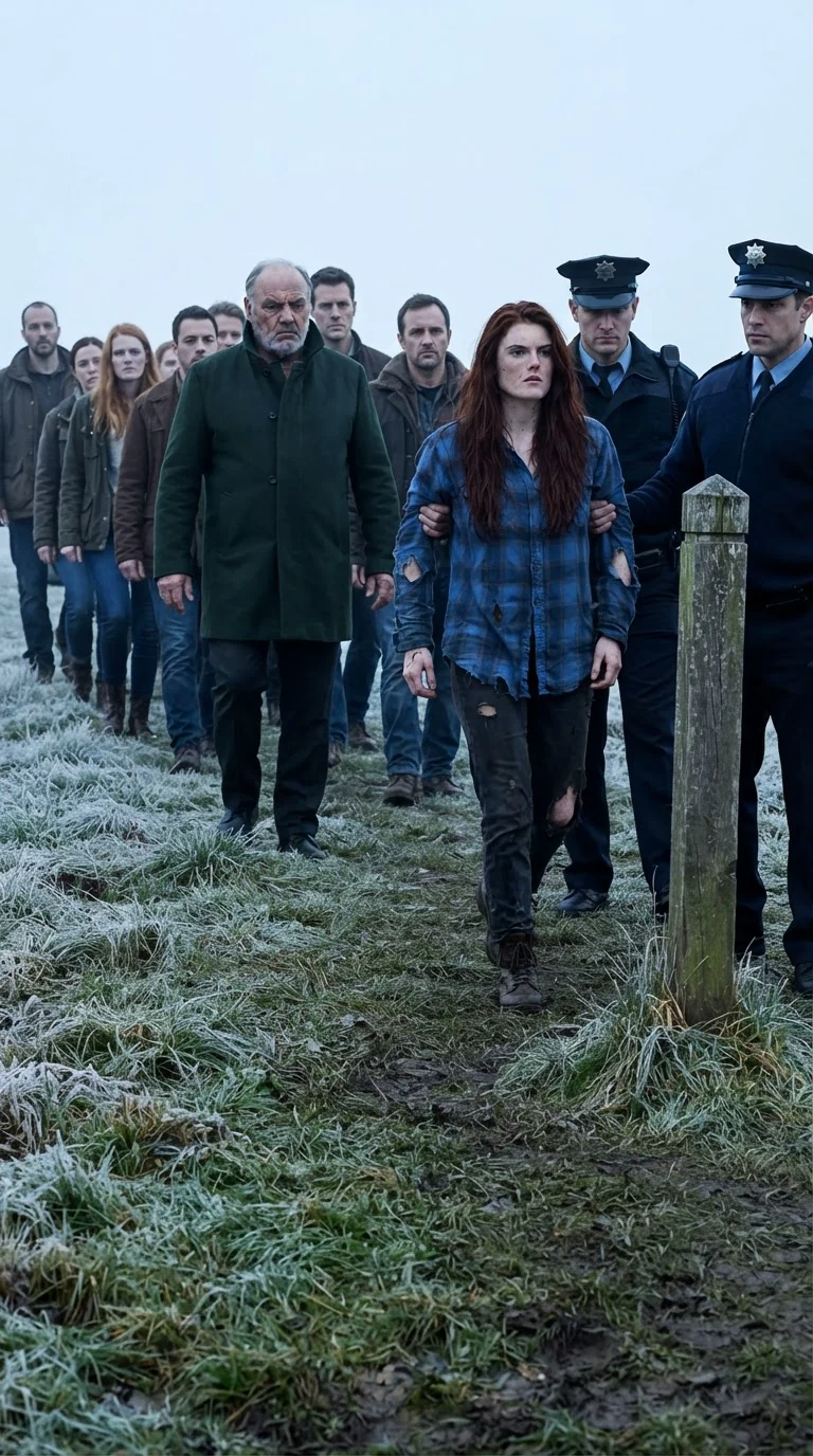 Rhea is marched toward the border post by two men, the pack following.
